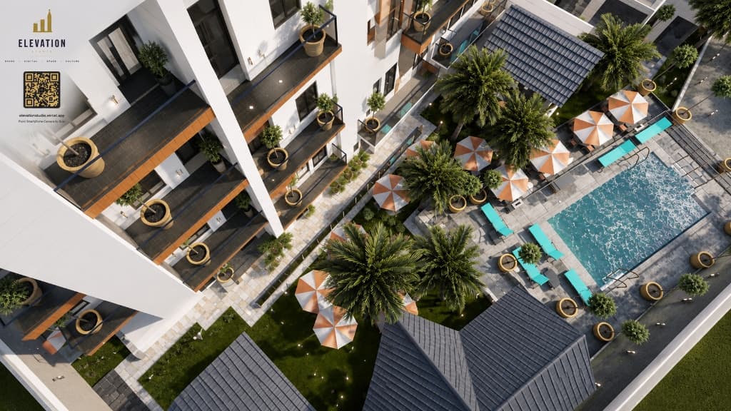 Luxury Boutique Hotel & Resort Pool — High-Angle Aerial Spatial View