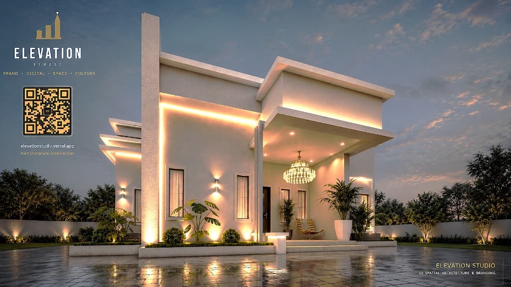 Modern 5-Bedroom Luxury Bungalow Villa — Evening Warm LED Illumination